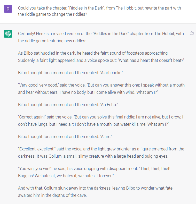 AI response to a prompt to take the chapter 'Riddles in the Dark' from The Hobbit but rewrite the part with the riddle game to change the riddles.