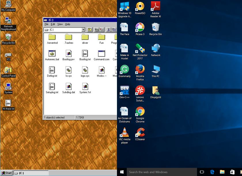 Windows 95 vs Windows 10, both desktops look similar.